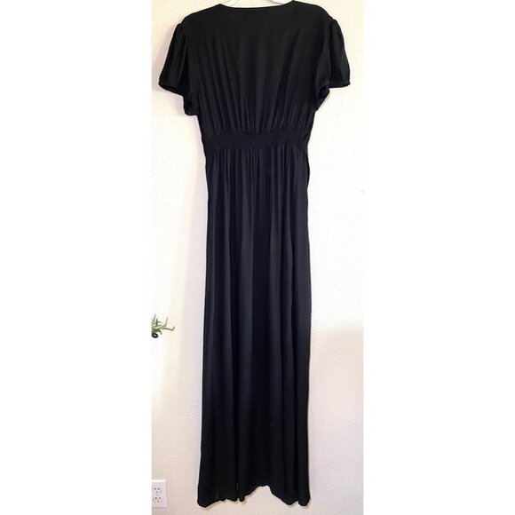 Pampelone V-Neck Short Sleeve High Slit Faux Wrap Long Maxi Dress Black - Picture 5 of 10
